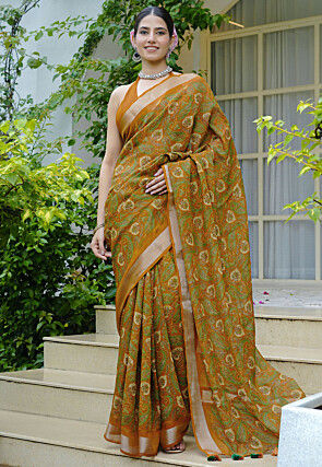Printed Cotton Saree in Mustard