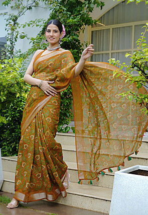 Printed Cotton Saree in Mustard