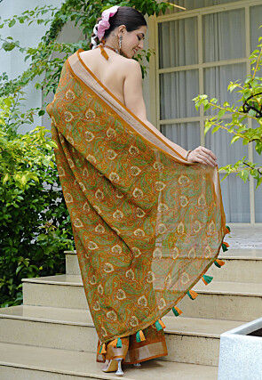 Printed Cotton Saree in Mustard