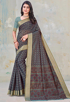 Printed Cotton Saree in Navy Blue