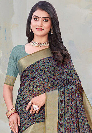 Printed Cotton Saree in Navy Blue