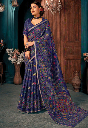 Printed Cotton Saree in Navy Blue