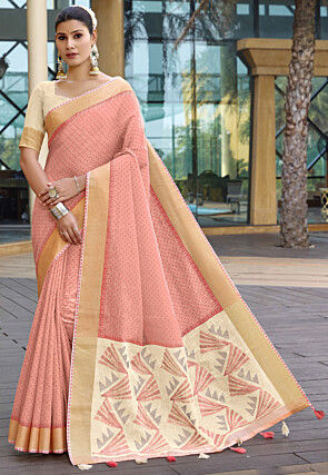 Printed Cotton Saree in Peach