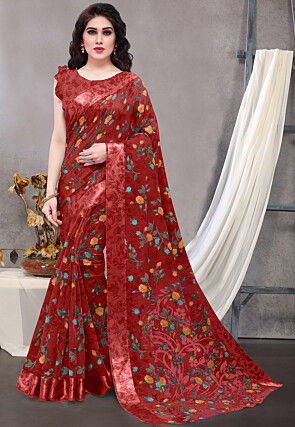 Printed Cotton Saree in Red