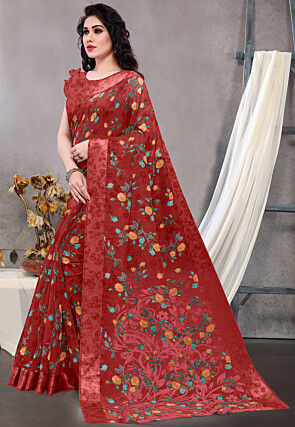 Printed Cotton Saree in Red