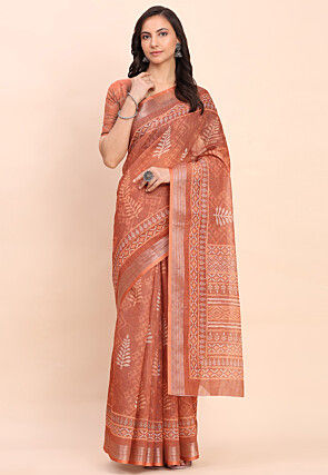 Printed Cotton Saree in Rust