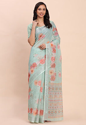 Printed Cotton Saree in Sea Green