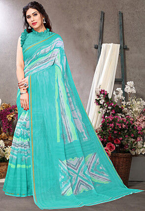 Printed Cotton Saree in Teal Blue