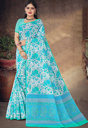 Printed Cotton Saree in White and Blue