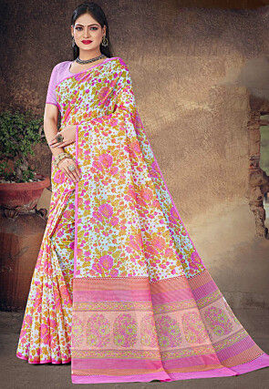 Printed Cotton Saree in White and Pink