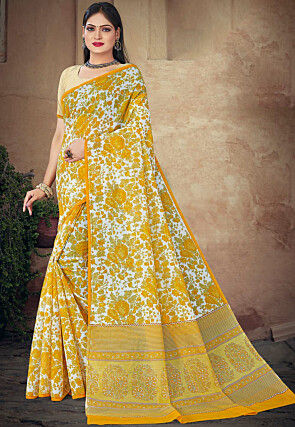 Printed Cotton Saree in White and Yellow