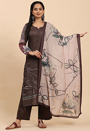 Printed Cotton Scalloped Pakistani Suit in Brown