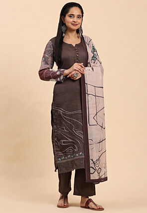 Printed Cotton Scalloped Pakistani Suit in Brown
