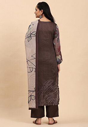 Printed Cotton Scalloped Pakistani Suit in Brown