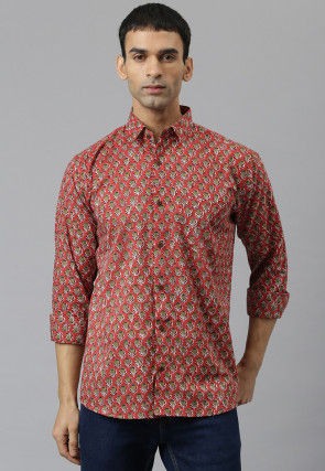Printed Cotton Shirt in Coral Pink