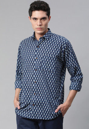 Printed Cotton Shirt in Navy Blue