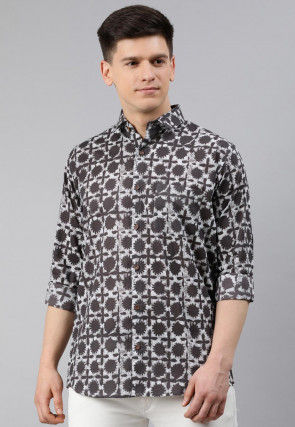 Printed Cotton Shirt in Off White and Grey