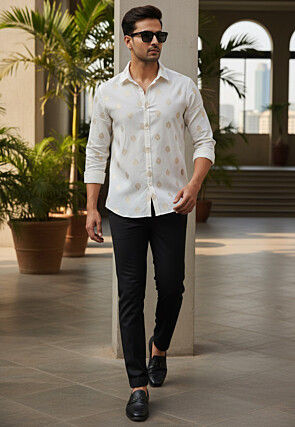 Foil Printed Cotton Shirt in Off White