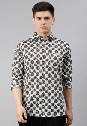 Printed Cotton Shirt in Off White