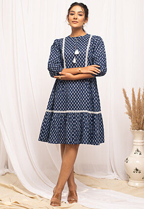 Printed Cotton Short Dress in Navy Blue