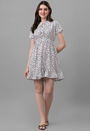 Printed Cotton Short Dress in Off White