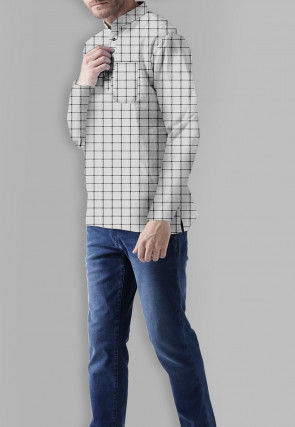 Printed Cotton Short Kurta in Off White