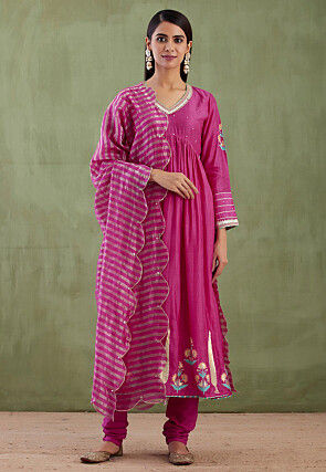 Printed Cotton Silk Aline Suit in Magenta
