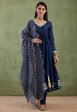 Printed Cotton Silk Aline Suit in Navy Blue