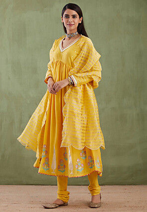 Printed Cotton Silk Aline Suit in Yellow