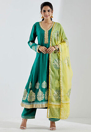Printed Cotton Silk Anarkali Suit in Teal Green