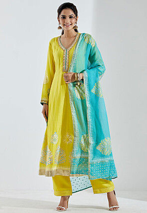 Printed Cotton Silk Anarkali Suit in Yellow