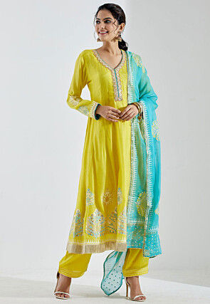 Printed Cotton Silk Anarkali Suit in Yellow