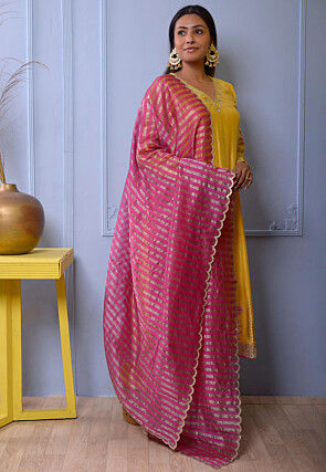 Printed Cotton Silk Anarkali Suit in Yellow