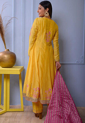 Printed Cotton Silk Anarkali Suit in Yellow