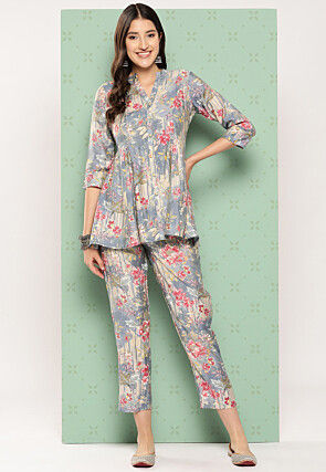 Printed Cotton Silk Co Ord Set in Grey