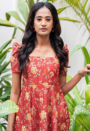 Printed Cotton Silk Dress in Dark Red