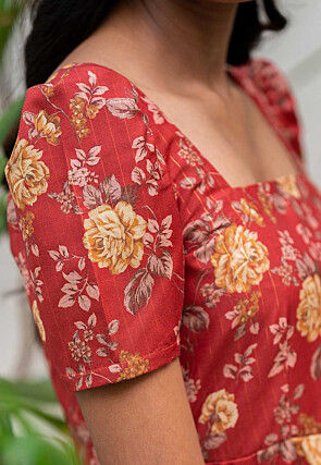 Printed Cotton Silk Dress in Dark Red