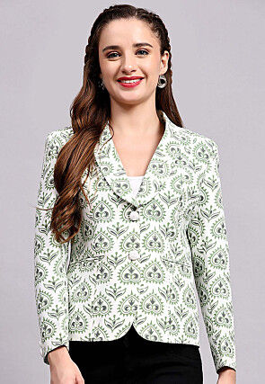 Printed Cotton Silk Jacket in Off White