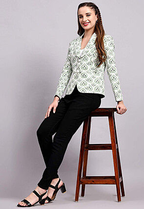 Printed Cotton Silk Jacket in Off White