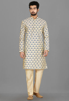 Printed Cotton Silk Kurta Pajama in Light Beige