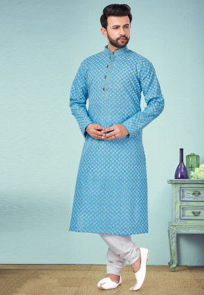 Printed Cotton Silk Kurta Pyjama in Blue
