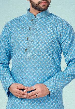 Printed Cotton Silk Kurta Pyjama in Blue
