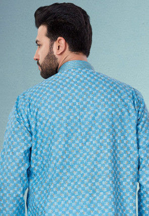 Printed Cotton Silk Kurta Pyjama in Blue