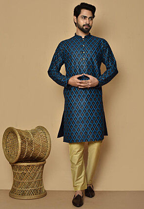 Printed Cotton Silk Kurta Set in Dark Navy Blue