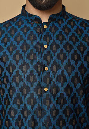 Printed Cotton Silk Kurta Set in Dark Navy Blue