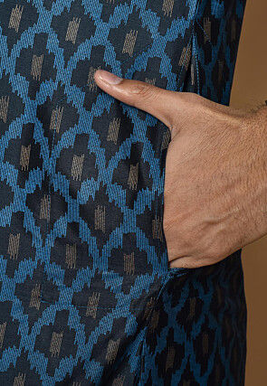 Printed Cotton Silk Kurta Set in Dark Navy Blue