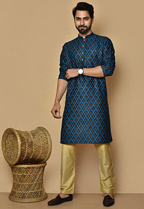 Printed Cotton Silk Kurta Set in Dark Navy Blue
