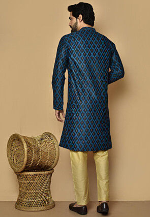Printed Cotton Silk Kurta Set in Dark Navy Blue