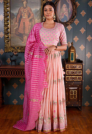 Printed Cotton Silk Lehenga in Light Peach