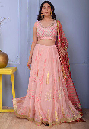 Printed Cotton Silk Lehenga in Light Peach